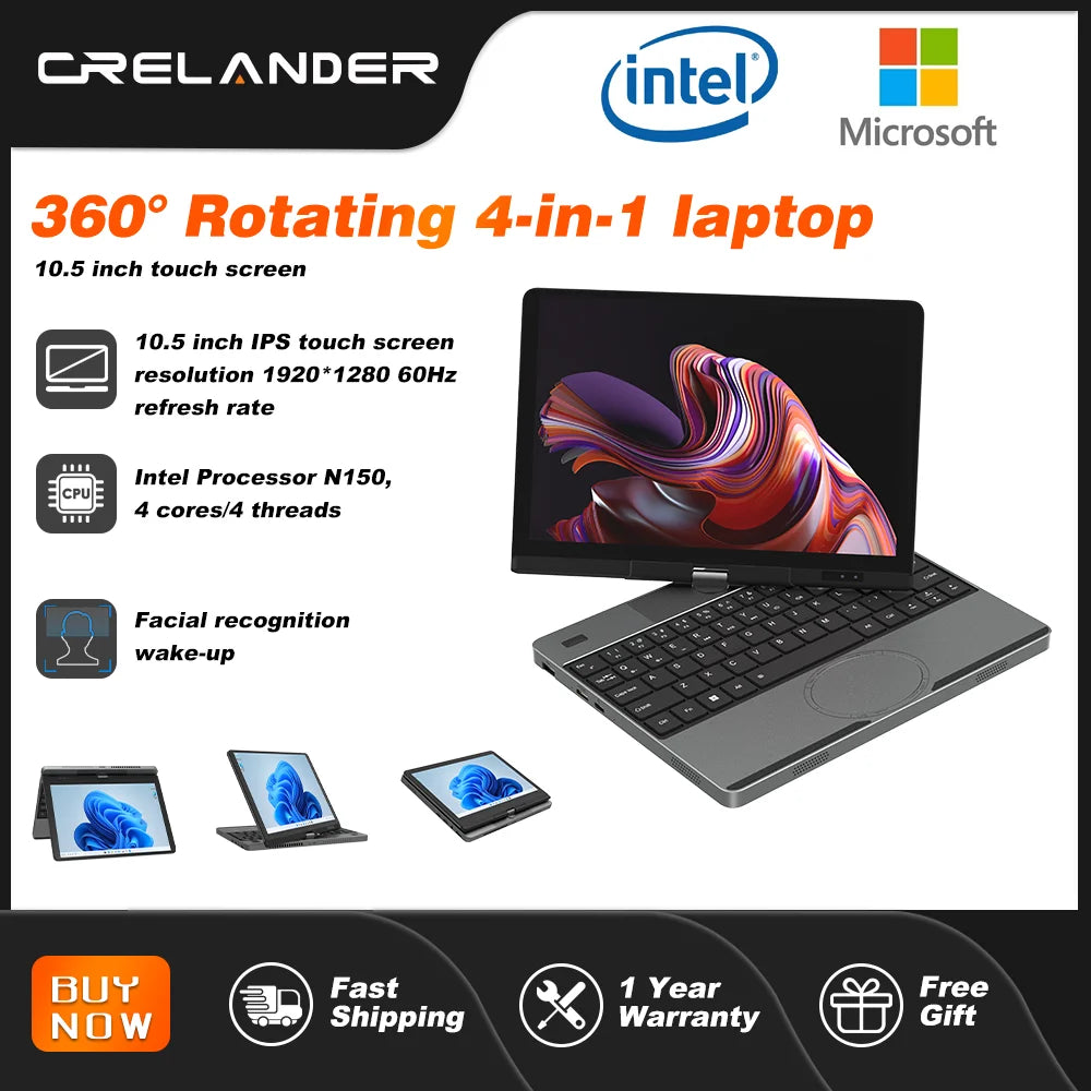 Crelander Yoga Laptop 360° Rotação CPU Intel N150 10,5" Tela sensível ao toque 2K 60Hz Taxa de atualização M2 SSD Desbloqueio facial Mini Laptop