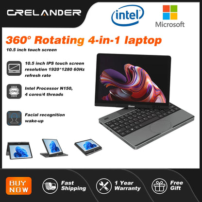 Crelander Yoga Laptop 360° Rotação CPU Intel N150 10,5" Tela sensível ao toque 2K 60Hz Taxa de atualização M2 SSD Desbloqueio facial Mini Laptop