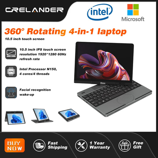 Crelander Yoga Laptop 360° Rotação CPU Intel N150 10,5" Tela sensível ao toque 2K 60Hz Taxa de atualização M2 SSD Desbloqueio facial Mini Laptop