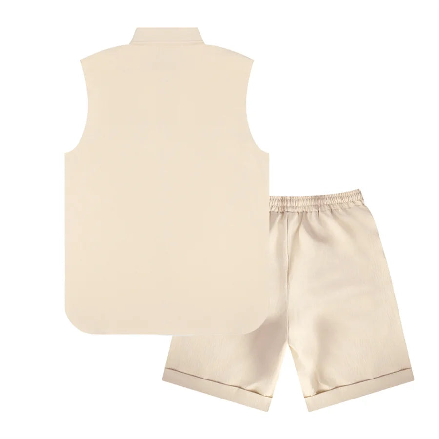 Novo verão 2 peças casual todos os dias lapela shorts conjunto havaiano cor sólida sem mangas camisa masculina praia shorts