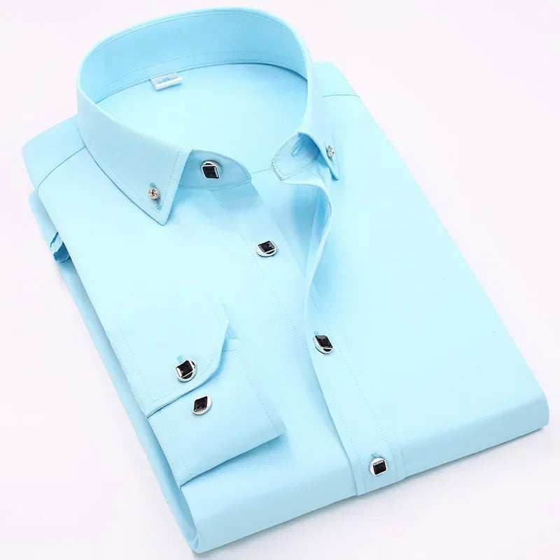 Qualidade de luxo masculino diamante botão sólido vestido camisa casual padrão-ajuste confortável macio camisa de manga longa roupas masculinas
