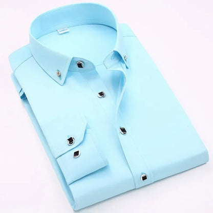 Qualidade de luxo masculino diamante botão sólido vestido camisa casual padrão-ajuste confortável macio camisa de manga longa roupas masculinas