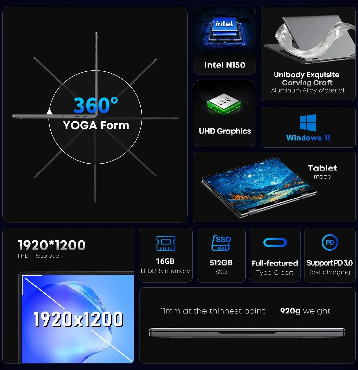 CHUWI MiniBook X 2 em 1 Laptop Intel N150 (até 3,6 GHz) 512 GB de ROM 16 GB LPDDR5 10,51 "1200x1920 FHD IPS Windows 11 Notebook