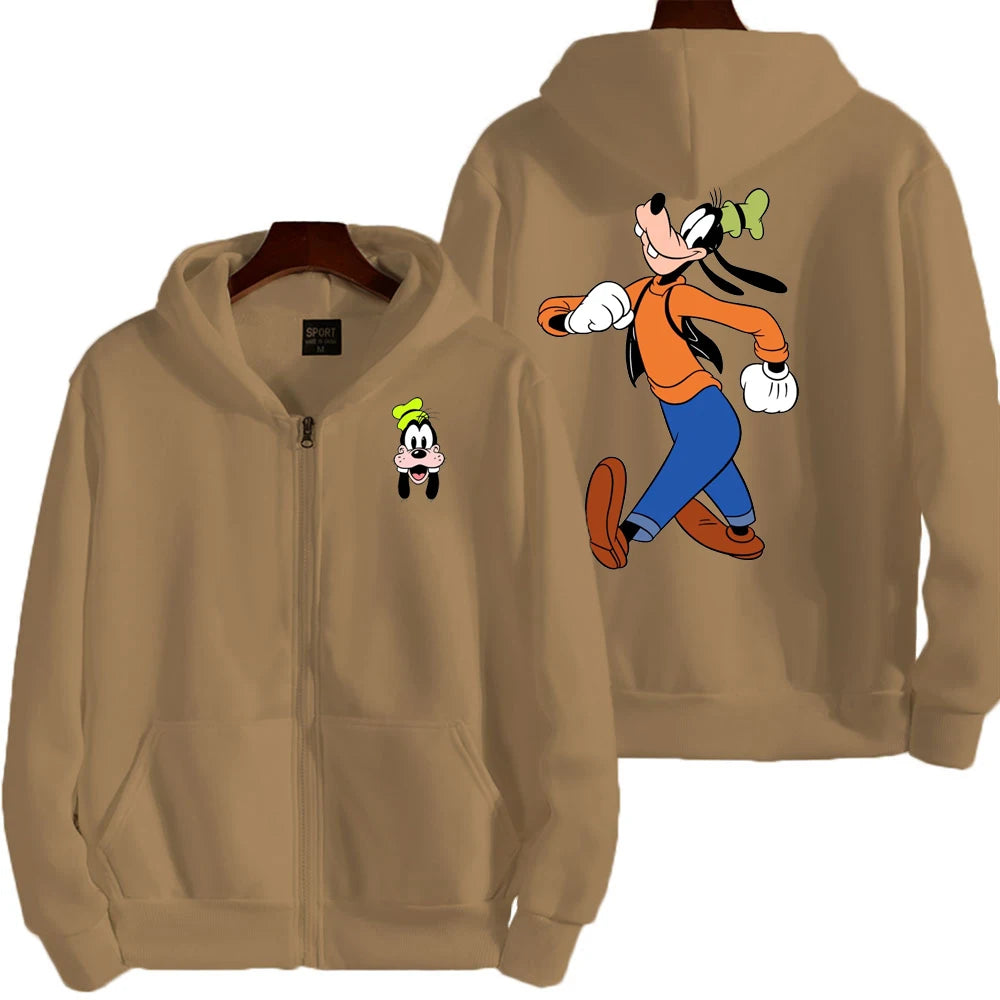 Goofy masculino impressão dos desenhos animados hoodie primavera outono feminino moletom de grandes dimensões com zíper novo casal rua moda casaco