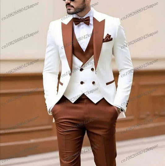 Novo terno masculino branco e marrom, ocasião formal, noivo, padrinho, festa de casamento, baile, smoking, conjunto de 3 peças, blazer, colete, calças