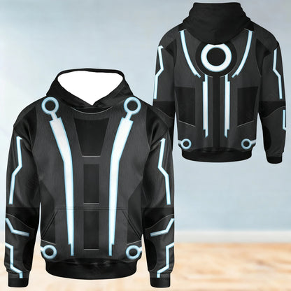 Moletom masculino com tema TRON azul claro, padrão de circuito de ficção científica, roupa casual diária para outono inverno, ideal para camadas ou agasalhos