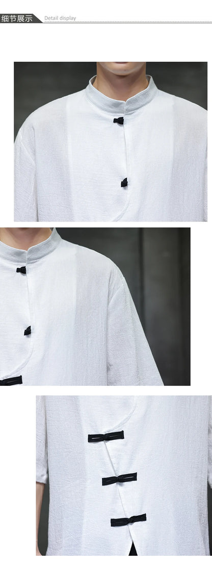 Camisa de linho de algodão masculina verão luz fina manga curta topo streetwear solto oversize casual estilo chinês camisa tang terno hanfu