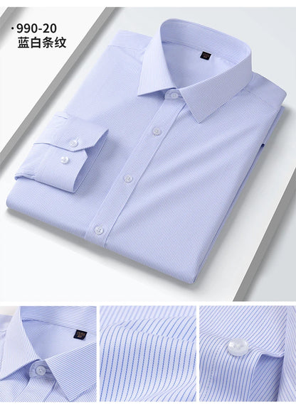 Camisa elástica anti-rugas masculina, manga comprida, slim fit, blusa social e de negócios, vestido branco, qualidade