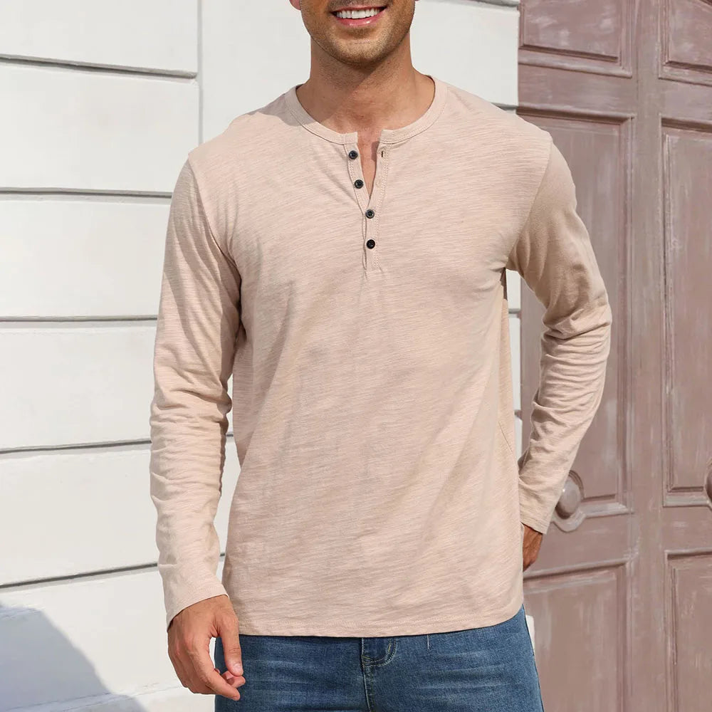 Outono nova camiseta masculina de manga longa casual estilo simples henley pescoço respirável leve algodão topos moda masculina