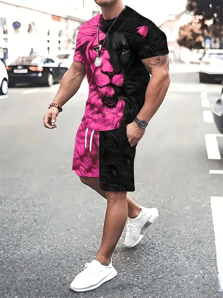 Camiseta e calções com estampa besta leão masculina, impressão 3D de bloqueio colorido, fato esportivo gola o, rua casual, verão, novo