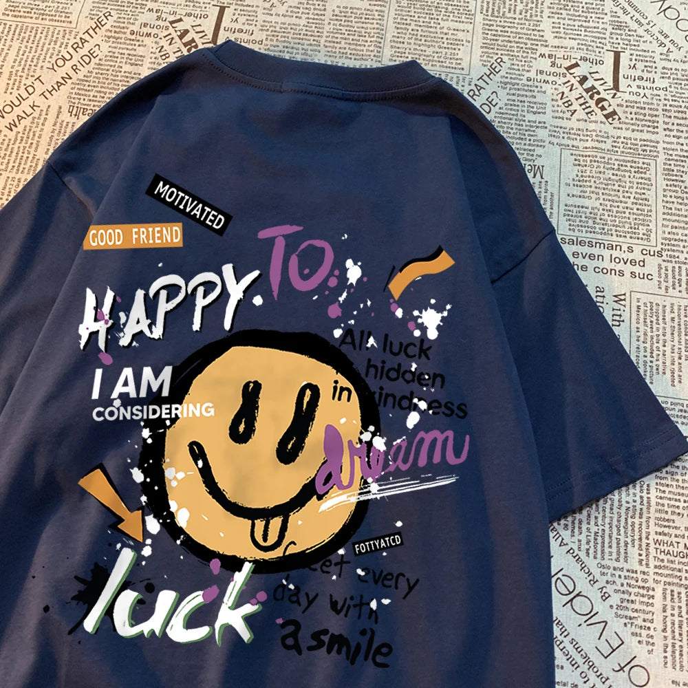 Feliz para sonhar sorte sorriso das mulheres dos homens camiseta de alta qualidade crewneck t camisas verão solto roupas esportivas algodão respirável t camisas