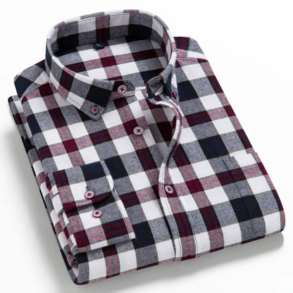 Moda masculina casual xadrez escovado camisa de manga longa, confortável 100% algodão botão para baixo fino ajuste grosso flanela camisas de outono