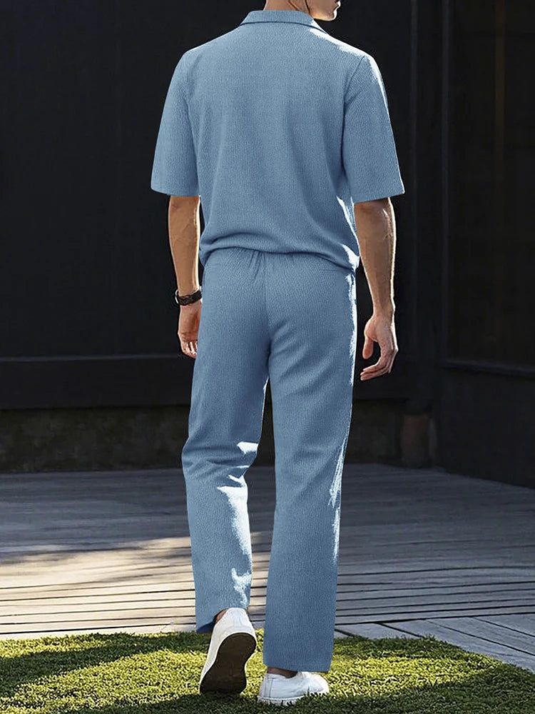 Moda verão roupas texturizadas para homens casual respirável camisa e calças duas peças define lazer masculino ternos de cor sólida