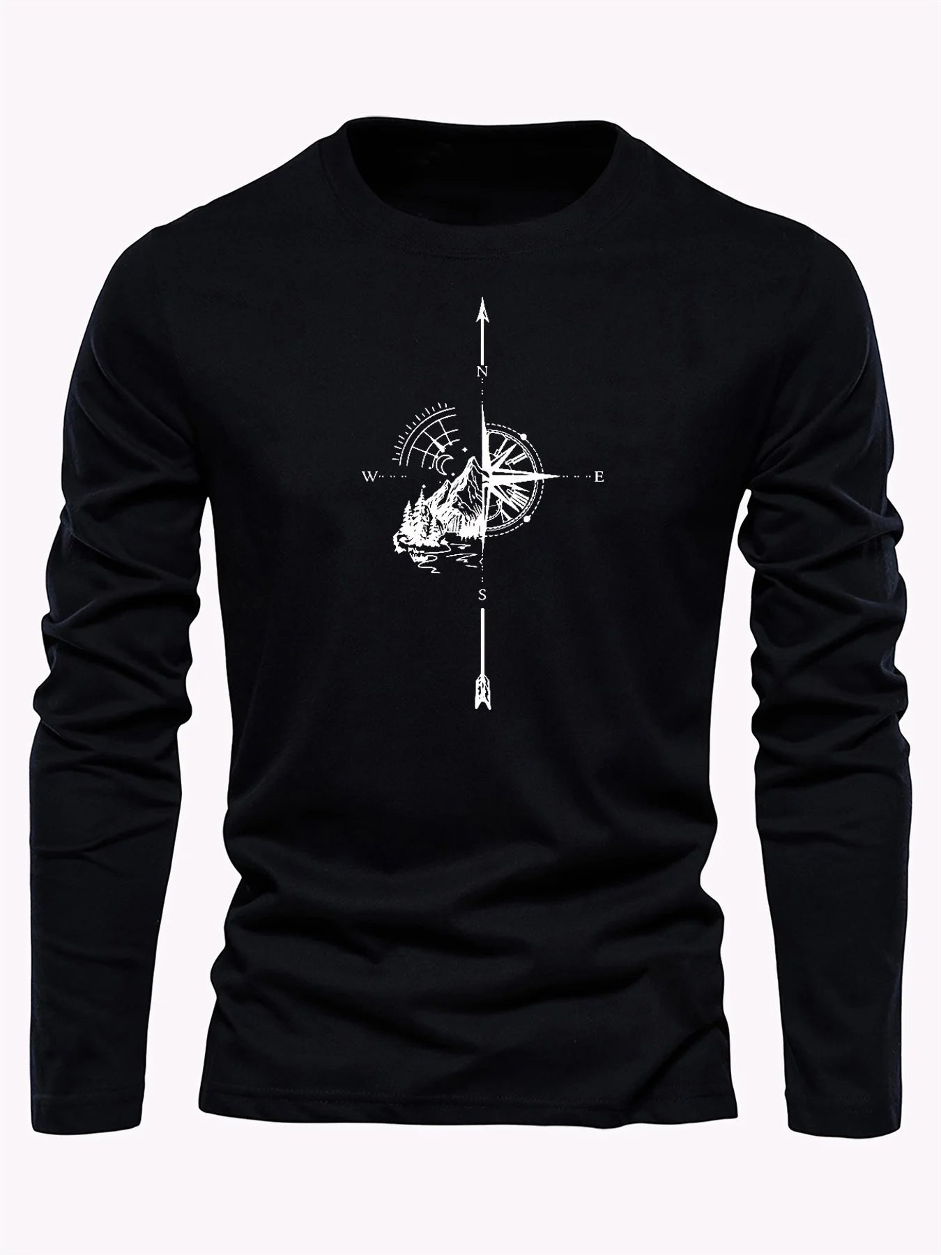 100% algodão puro masculino solto ajuste confortável esportes e lazer montanha bússola padrão impresso em torno do pescoço manga comprida camiseta