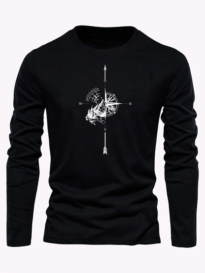 100% algodão puro masculino solto ajuste confortável esportes e lazer montanha bússola padrão impresso em torno do pescoço manga comprida camiseta