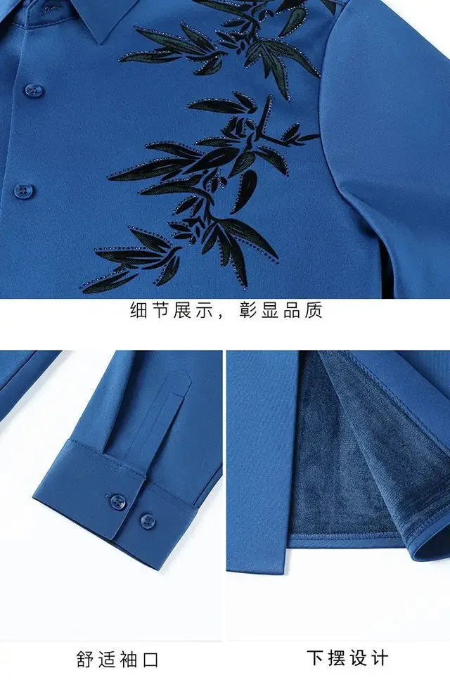 Outono inverno mais lã camisas masculinas impressão anti-rugas térmica turn-down colarinho manga longa banquete único breasted topos