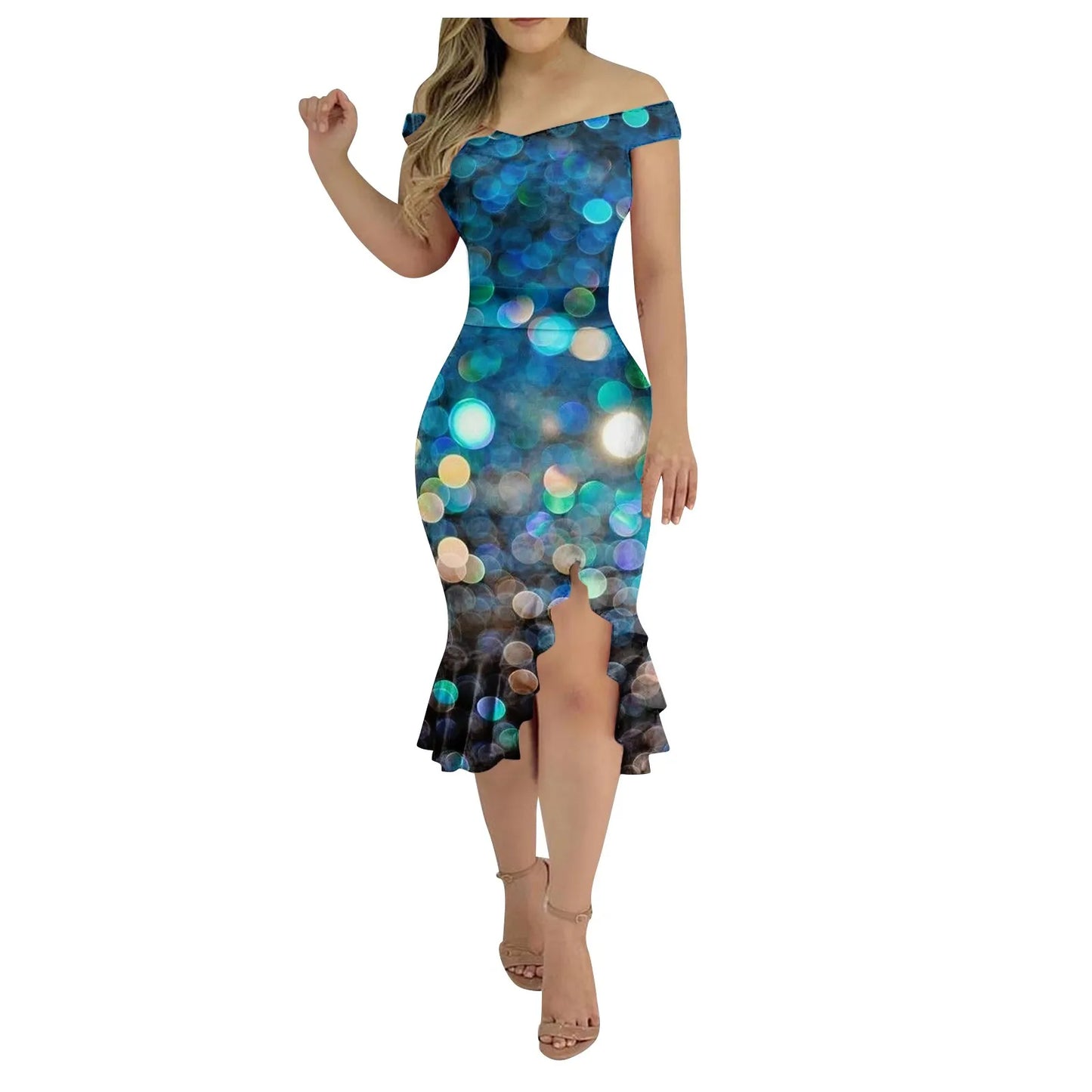 Vestido de festa feminino na altura do joelho, sexy fora do ombro, plissado dividido, bodycon monocromático, glitter, vestidos elegantes, moda feminina