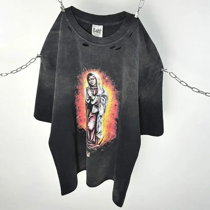 Crânio vermelho impressão de dedo buraco danificado saint tanque t das mulheres dos homens streetwear colete de grandes dimensões vintage washe preto sem mangas t camisa