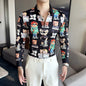 Camisa Coreana Estampada Masculina, Manga Comprida, Fina, Vestido, Festa, Negócios, Social, Boutique, Luxo, Primavera, Outono, 6XL