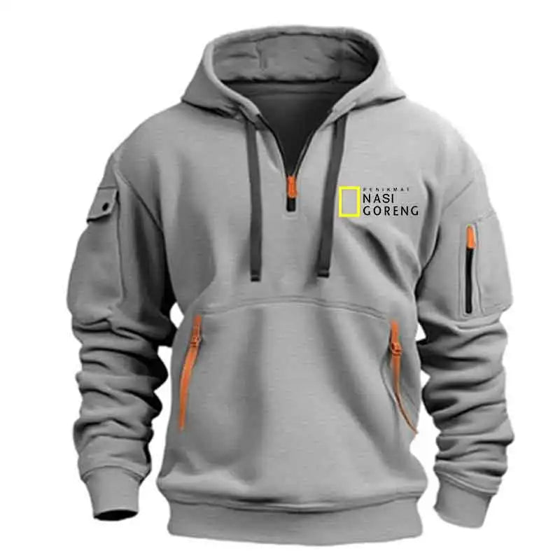 2025 meio zíper impressão hoodie masculino multi-bolso casual esportes manga longa com capuz moletom diário moda fitness pulôver