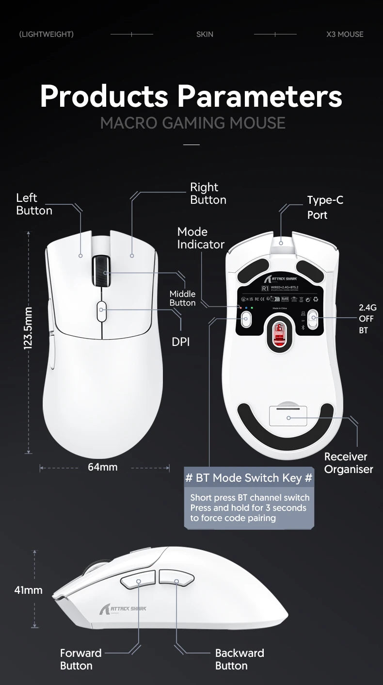 Mouse sem fio Attack Shark R1 18000dpi, 1000 Hz PAW3311, conexão Bluetooth tri-mode, mouse macro para jogos