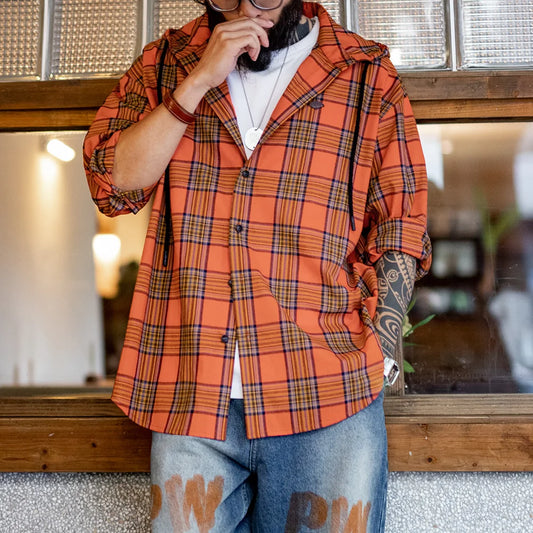 Maden moletom masculino casual xadrez estilo laranja retrô com capuz solto camisa de manga comprida com botões de peito único para a primavera