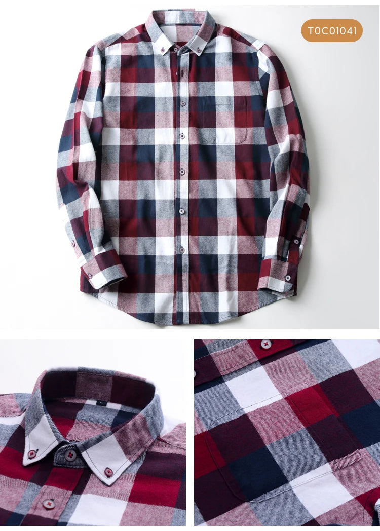 Moda masculina casual xadrez escovado camisa de manga longa, confortável 100% algodão botão para baixo fino ajuste grosso flanela camisas de outono