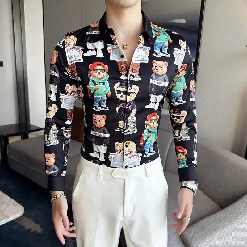 Camisa Coreana Estampada Masculina, Manga Comprida, Fina, Vestido, Festa, Negócios, Social, Boutique, Luxo, Primavera, Outono, 6XL