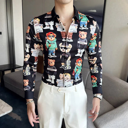 Camisa Coreana Estampada Masculina, Manga Comprida, Fina, Vestido, Festa, Negócios, Social, Boutique, Luxo, Primavera, Outono, 6XL