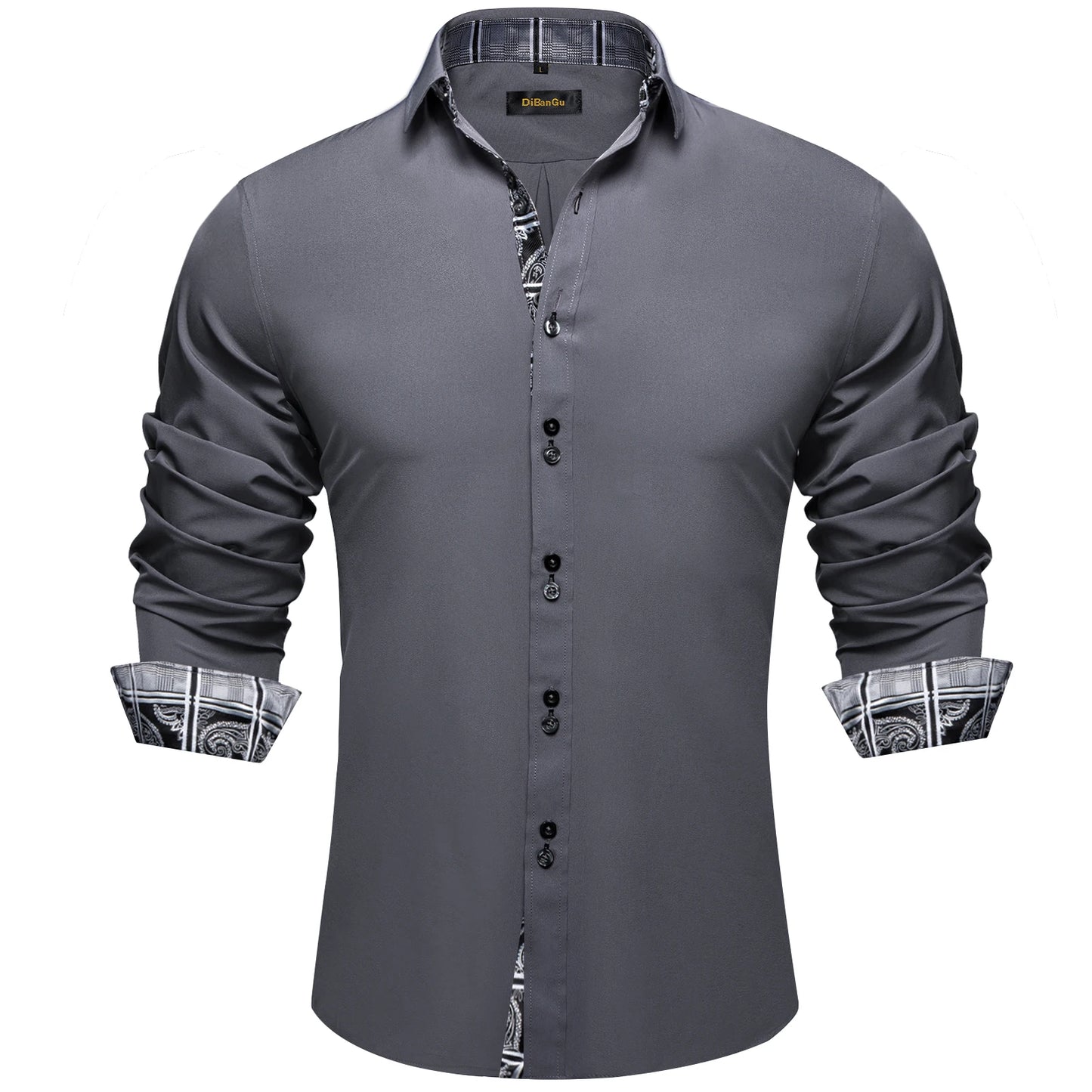 DiBanGu Camisa Masculina de Manga Longa Preto Sólido Vermelho Paisley Cor Contraste Moda Vestido Camisa para Homens Gola Botão para baixo Roupas Masculinas