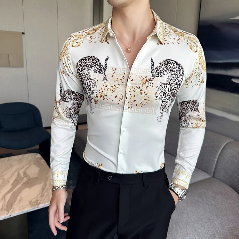Camisa Coreana Estampada Masculina, Manga Comprida, Fina, Vestido, Festa, Negócios, Social, Boutique, Luxo, Primavera, Outono, 6XL