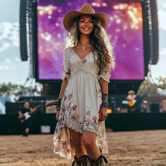 Vestido de festival de música Lollapalooza 2025 para mulheres: roupa vintage com estampa de carnaval de cowgirl para festa rock hip-hop