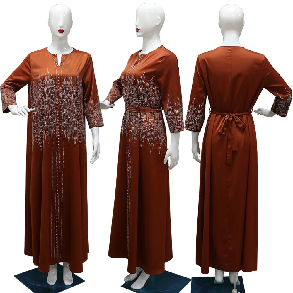 Vestido muçulmano de cetim para mulheres, Abaya Dubai, roupão de jantar, roupas diamantadas, moda