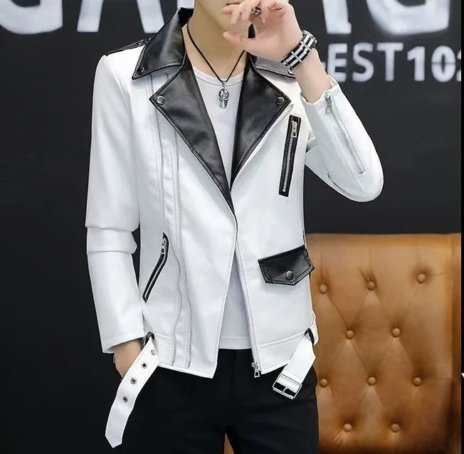 2025 masculino novo bonito, novo zíper oblíquo, jaqueta de couro PU locomotiva combinando com cores casuais