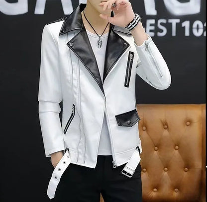 2025 masculino novo bonito, novo zíper oblíquo, jaqueta de couro PU locomotiva combinando com cores casuais
