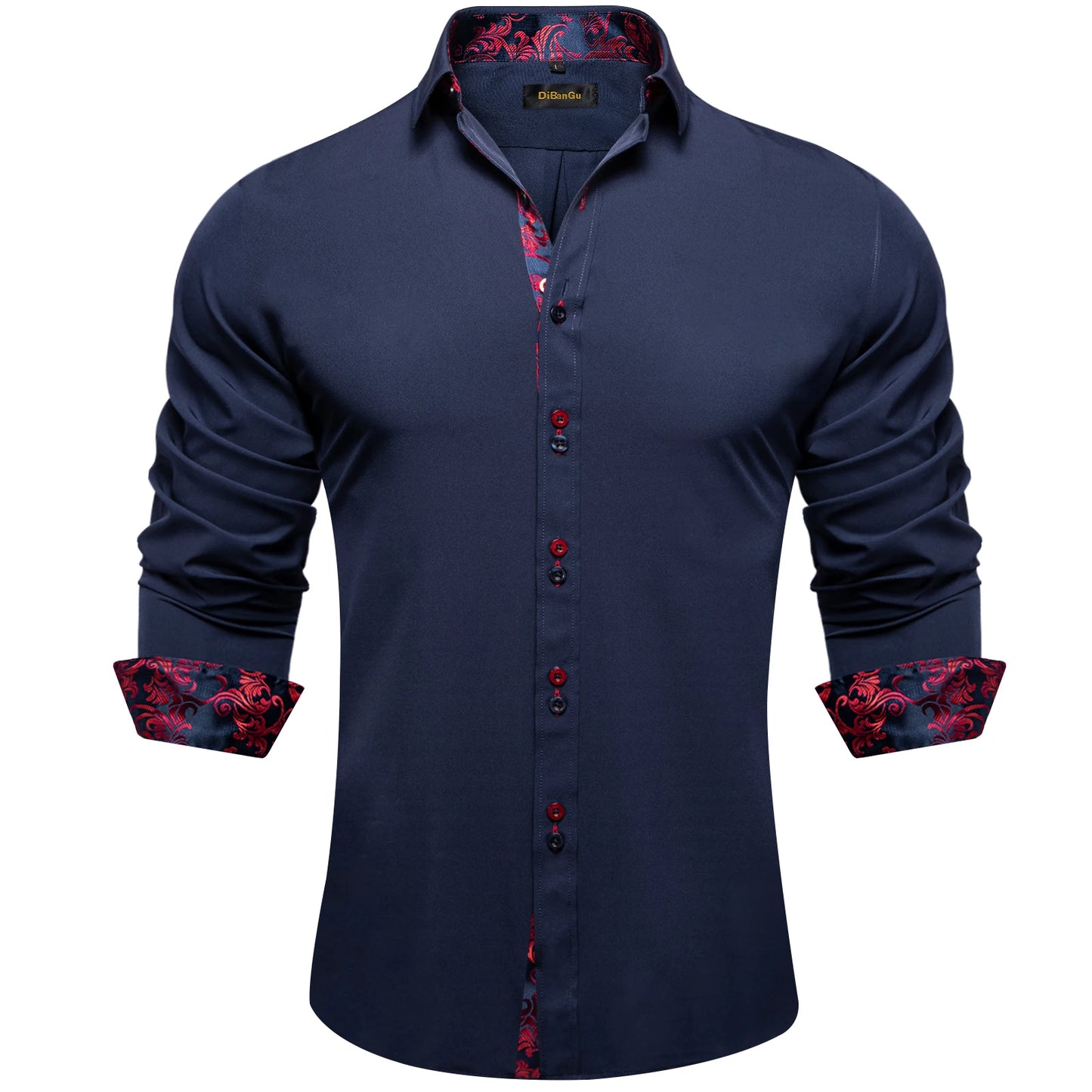 DiBanGu Camisa Masculina de Manga Longa Preto Sólido Vermelho Paisley Cor Contraste Moda Vestido Camisa para Homens Gola Botão para baixo Roupas Masculinas
