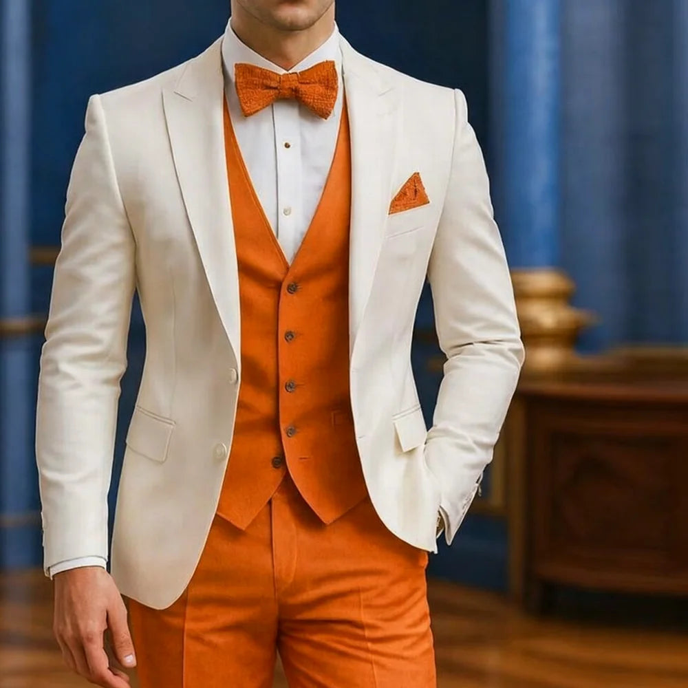 Terno formal branco e laranja masculino, ocasião de casamento, padrinhos, formatura, dança, smoking, 3 peças, traje tradicional masculino