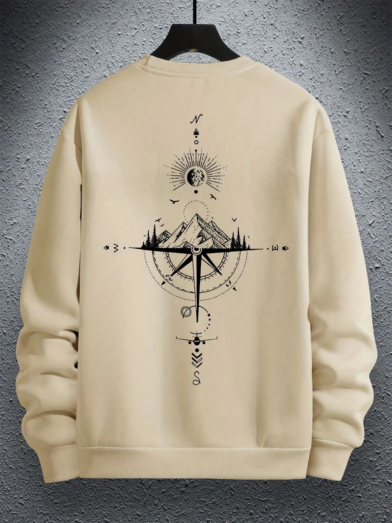 Outono e inverno masculino moda casual solto montanha e bússola impressão gráfica manga comprida em torno do pescoço moletom