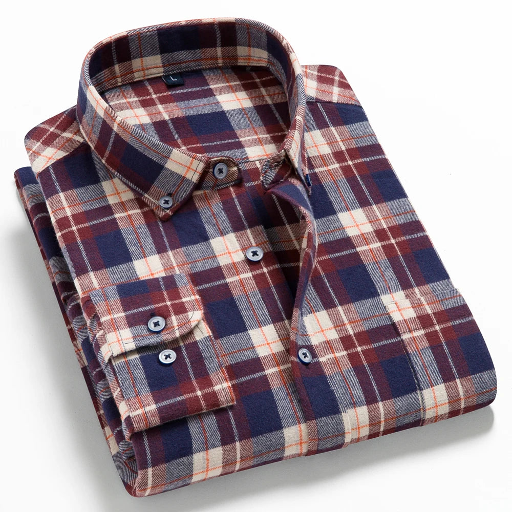 Moda masculina casual xadrez escovado camisa de manga longa, confortável 100% algodão botão para baixo fino ajuste grosso flanela camisas de outono