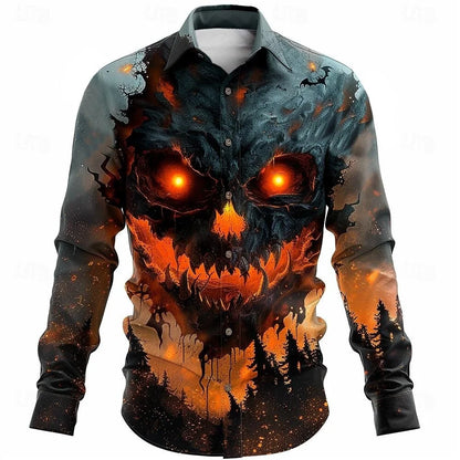 Nova camisa masculina de manga comprida com estampa de caveira para Halloween, camisa com gola 3D adequada para primavera, outono e inverno