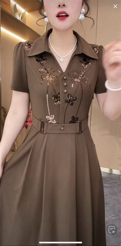 Mulheres estilo ocidental vestido verão primavera nova moda high-end lantejoulas vestidos longos mãe de meia idade elegante magro vestidos mujer