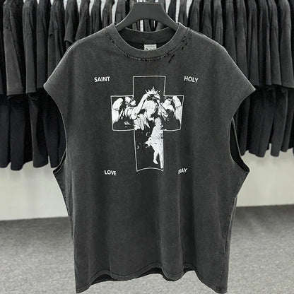 Crânio vermelho impressão de dedo buraco danificado saint tanque t das mulheres dos homens streetwear colete de grandes dimensões vintage washe preto sem mangas t camisa