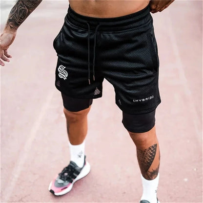 2024 verão malha esportes shorts homens de dois andares jogging correndo shorts 2 em 1 calções de ginásio dos homens de fitness treino calças curtas homem