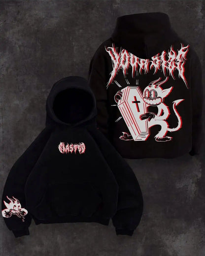 Masculino preto com capuz solto ajuste estilo rua gótico hoodie com punho impressão elegante casual urbano manga longa pulôver design na moda