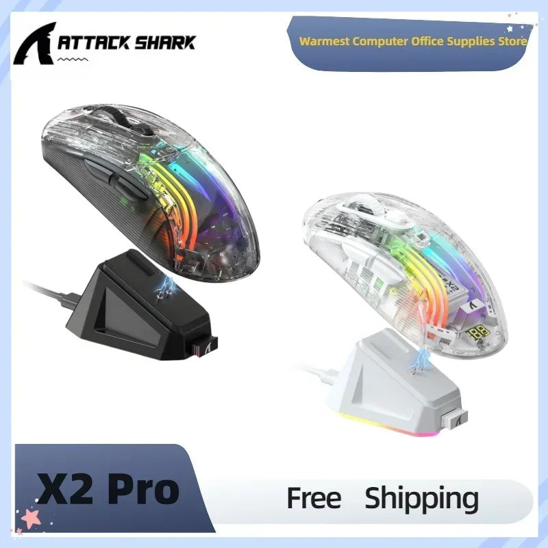 ATTACK SHARK X2 Pro Modo Triplo Sem Fio Transparente Shell Gaming Mouse RGB Recarregável 4000 DPI Mouse Dock Recarregável