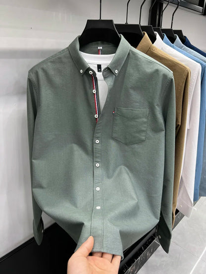 Novo 100% algodão camisa de manga comprida masculina designer marca primavera outono moda negócios confortável respirável topo roupas masculinas
