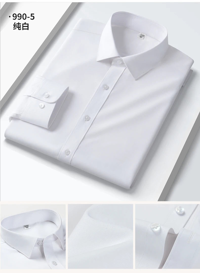 Camisa elástica anti-rugas masculina, manga comprida, slim fit, blusa social e de negócios, vestido branco, qualidade