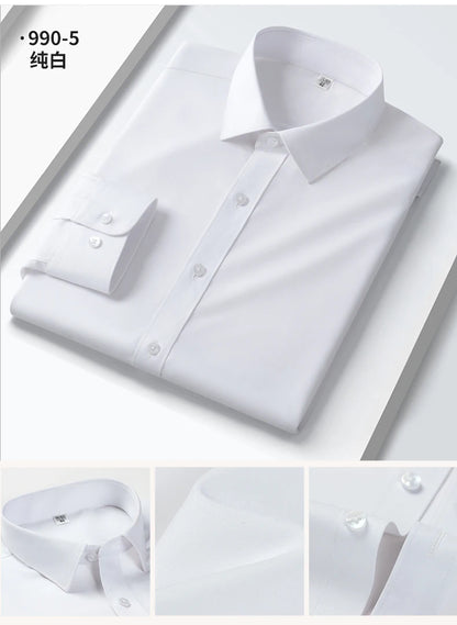 Camisa elástica anti-rugas masculina, manga comprida, slim fit, blusa social e de negócios, vestido branco, qualidade