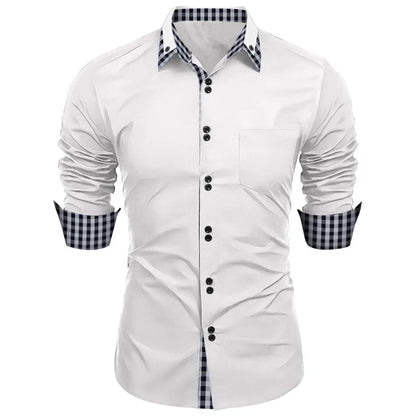 Nova camisa masculina-camiseta tradicional de manga comprida trespassado de cor lisa solta camisa de escritório-top casual de negócios masculino
