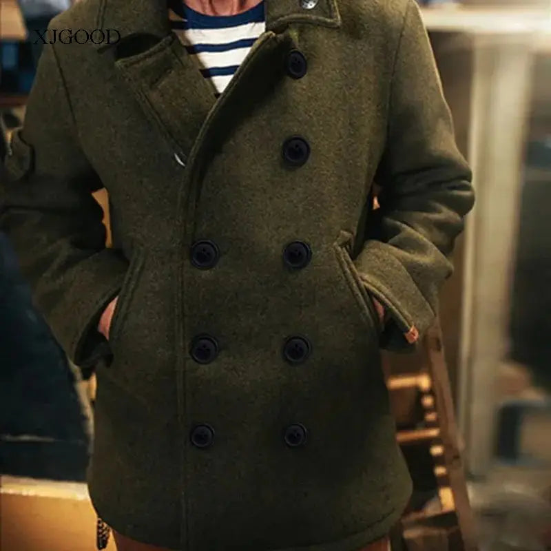 Casaco de lã masculino de cor pura com gola aboa, manga curta e decote em V para jovens no outono.